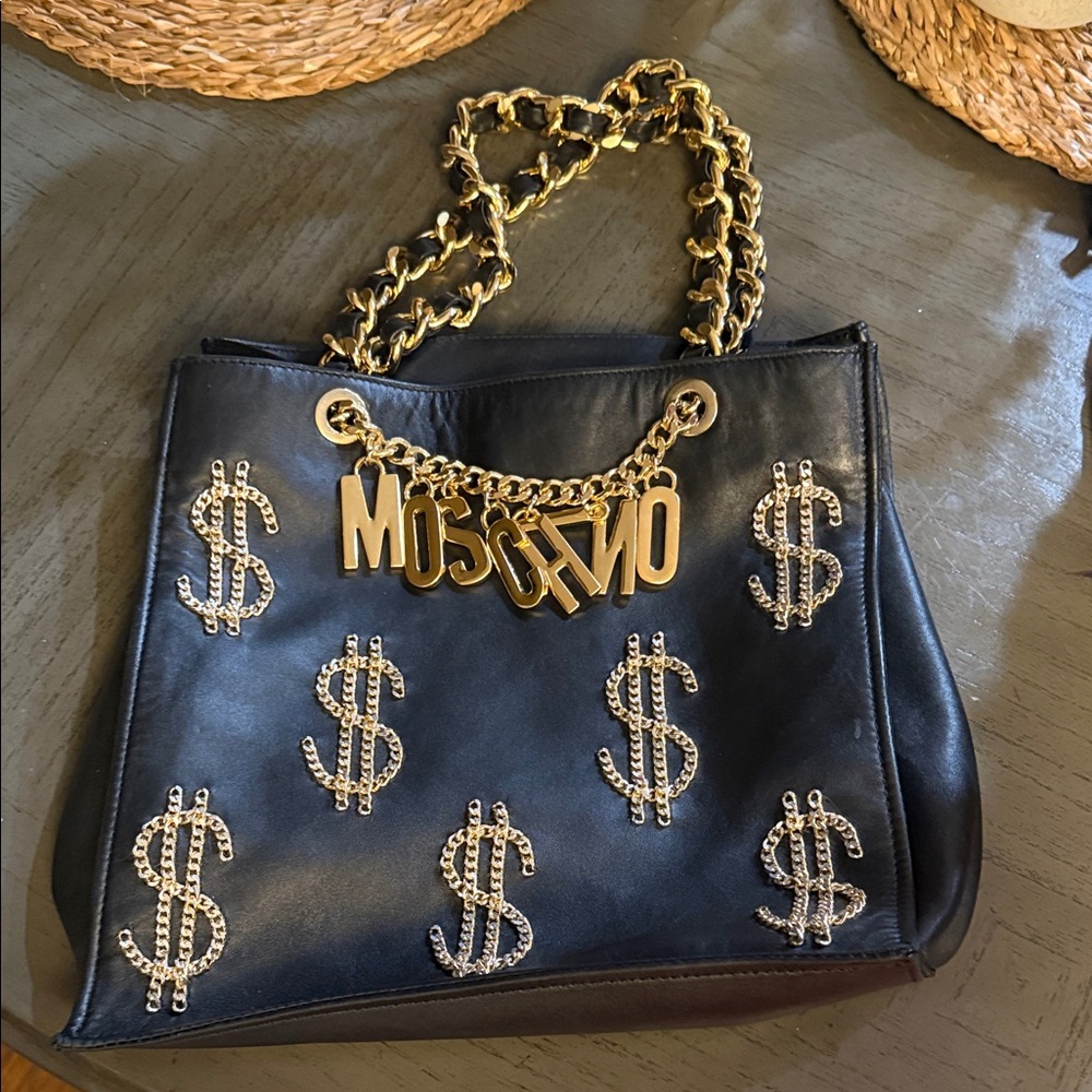 Moschino Black Bag with Gold Chain and Dollar Accents